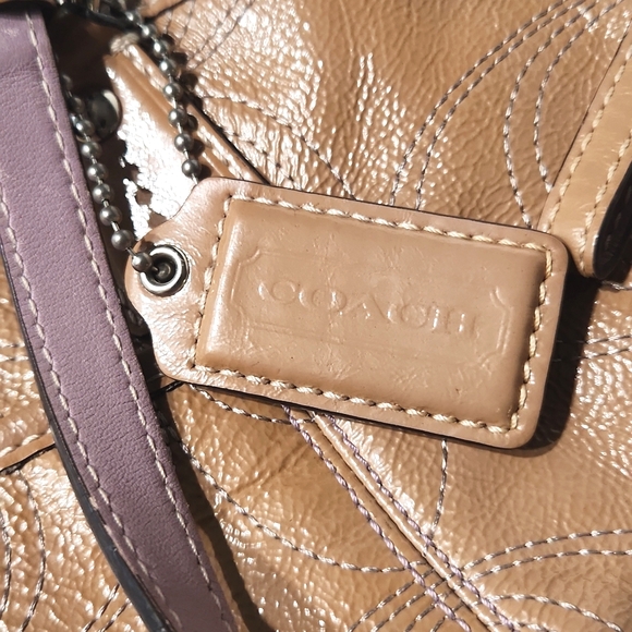 Coach Signature Stitch Patent Leather Tan with Lavender Large Tote Bag - Picture 5 of 16